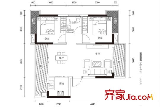 龍宸?梧桐郡府2棟D戶型 2室2廳1衛(wèi)1廚