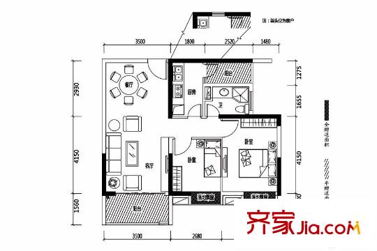 龍宸?梧桐郡府公寓E戶型 2室2廳1衛(wèi)1廚