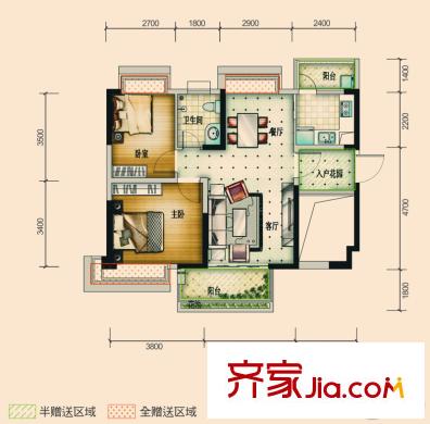 國鵬?潤德學(xué)府1/2/3棟D戶型 2室2廳1衛(wèi)1廚