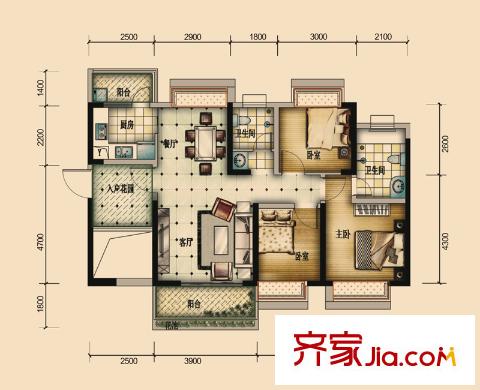 國(guó)鵬?潤(rùn)德學(xué)府5/6/7棟B戶型 3室2廳2衛(wèi)1廚