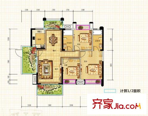 華興?金盛麗景一期5/6棟A6戶型 3室2廳2衛(wèi)1廚