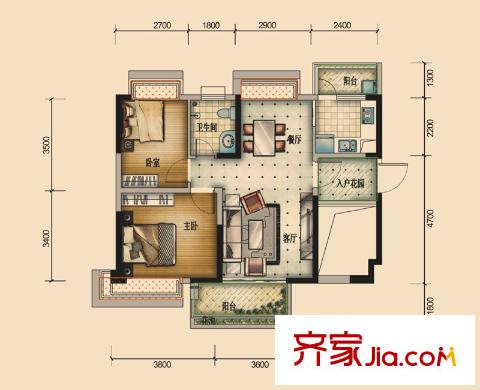 國鵬?潤德學(xué)府5/6/7棟E戶型 2室2廳1衛(wèi)1廚