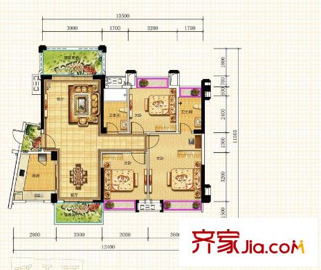 華興?金盛麗景一期7棟A4戶型 3室2廳2衛(wèi)1廚