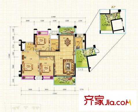 華興?金盛麗景一期5/6/7棟A7戶型 3室2廳2衛(wèi)1廚