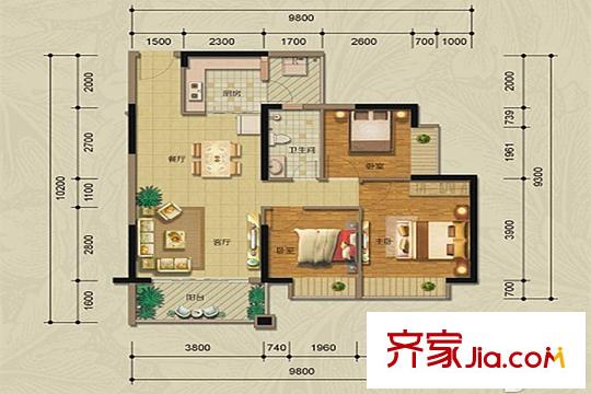 德洲城5期29-33棟E戶型&E2戶型 2室2廳1衛(wèi)1廚