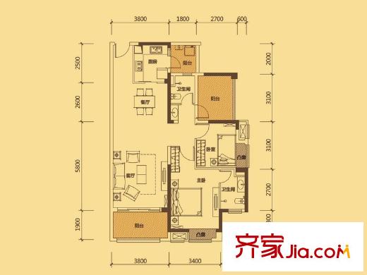 中信凱旋城B戶型  3室2廳2衛(wèi)1廚