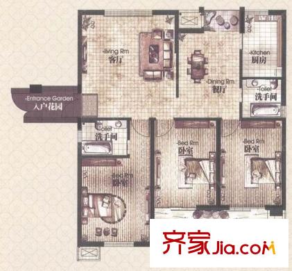 御景國際1#01室 戶型 3室2廳2衛(wèi)1廚