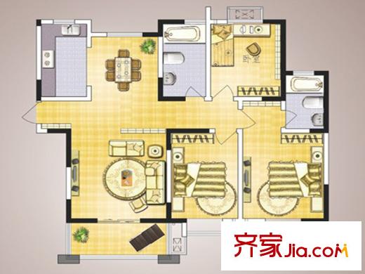 港利?上城國際A128平米三室兩廳戶型圖 3室2廳1衛(wèi)1廚