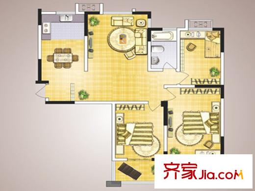 港利?上城國際C121平米三室兩廳戶型圖 3室2廳1衛(wèi)1廚