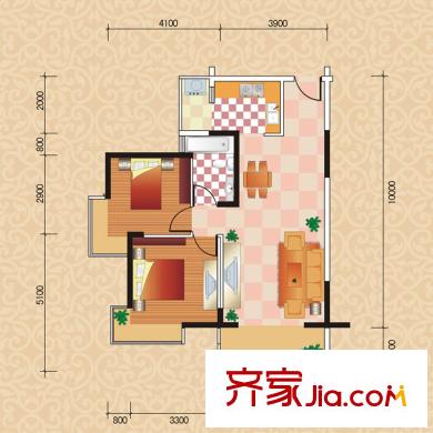 金盛廣場2期御品閣-4#-B戶型 2室1廳1衛(wèi)1廚