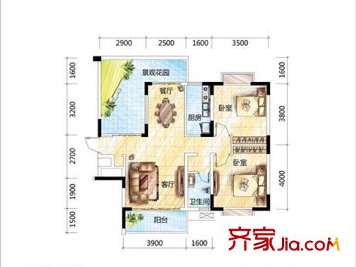 正居金福第1棟-A2-戶型圖 2室2廳1衛(wèi)1廚