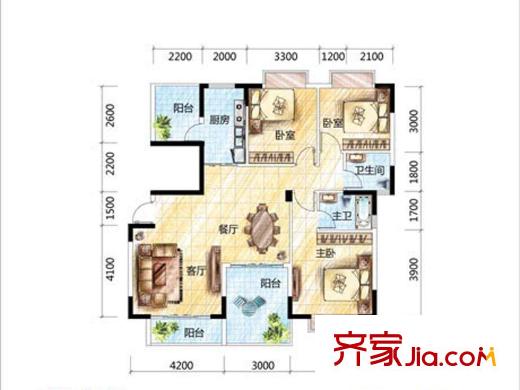 正居金福第2棟-B2-戶型圖 3室2廳2衛(wèi)1廚