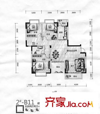 正居金福第2棟1層-B11-戶型圖 5室2廳2衛(wèi)1廚