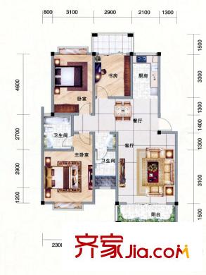 南國風光1#-B戶型 3室2廳2衛(wèi)1廚