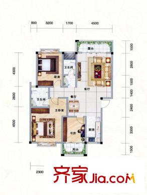 南國風光3#-E戶型 3室2廳2衛(wèi)1廚