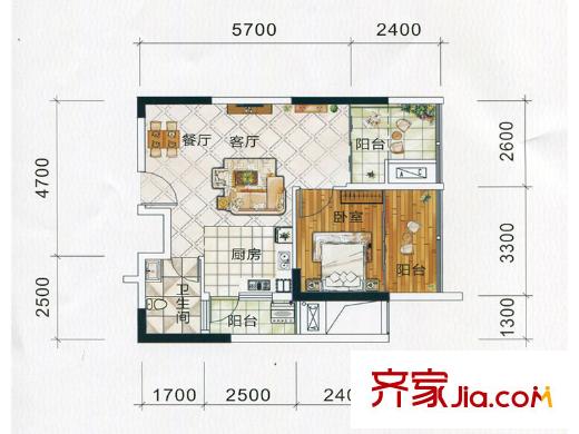 祥和東景1#樓A3戶型 1室2廳1衛(wèi)1廚