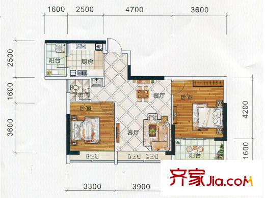 祥和東景1#樓A4戶型 2室2廳1衛(wèi)1廚