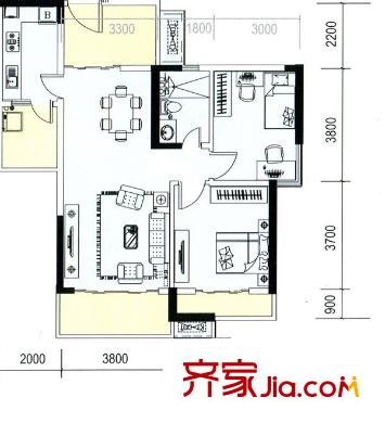 盛天龍灣4#5戶(hù)型 2室2廳1衛(wèi)1廚