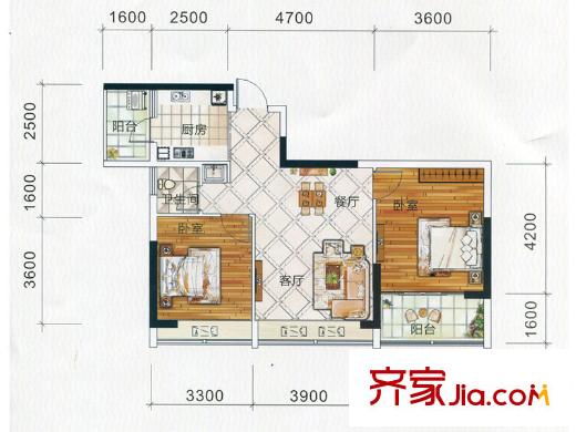 祥和東景1#樓A2戶型 2室2廳1衛(wèi)1廚