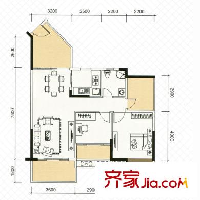 盛天龍灣1#、2#-02、03戶型 2室2廳2衛(wèi)1廚