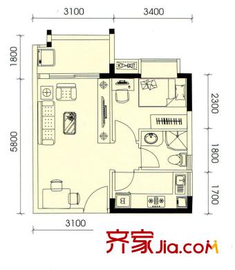 盛天龍灣20號(hào)公館-02、03、04、05戶(hù)型 1室2廳1衛(wèi)1廚