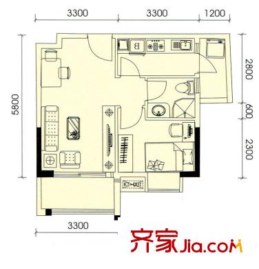 盛天龍灣20號(hào)公館-08、09、12、13戶(hù)型 1室2廳1衛(wèi)1廚