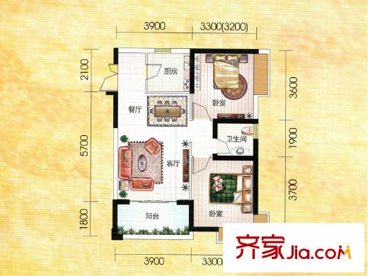 川海?匯景龍灣1#-E(C)戶(hù)型 2室2廳1衛(wèi)1廚