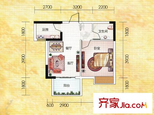 川海?匯景龍灣1#-D戶(hù)型 1室2廳1衛(wèi)1廚