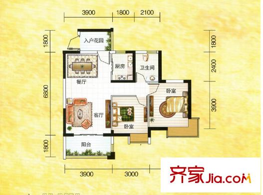 川海?匯景龍灣5#樓C（D）戶型 2室2廳1衛(wèi)1廚