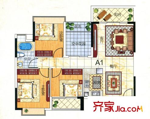 魅力首座1#A1戶型 3室2廳1衛(wèi)1廚