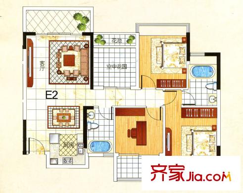 魅力首座6#E2戶型 3室2廳2衛(wèi)1廚