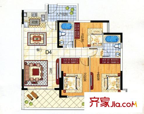 魅力首座4#樓-D4戶型 3室2廳2衛(wèi)1廚