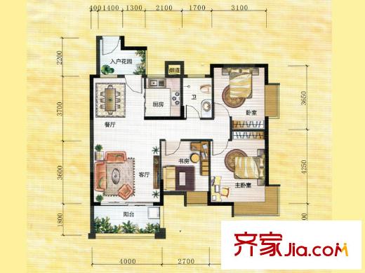 川海?匯景龍灣3#樓D戶型 3室2廳1衛(wèi)1廚