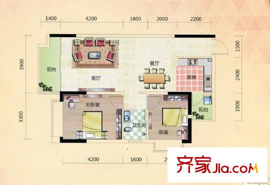 兆安?四季花城三期40#B戶型 2室2廳1衛(wèi)1廚