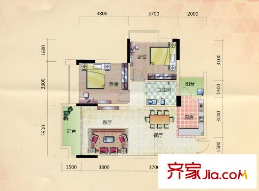 兆安?四季花城41#E戶型 2室2廳1衛(wèi)1廚