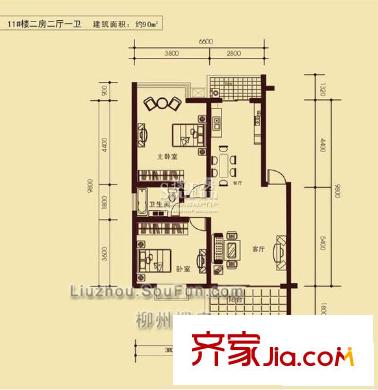 富鴻?蔚瀾灣11#A戶型兩室兩廳一衛(wèi)90平米 2室2廳1衛(wèi)1廚