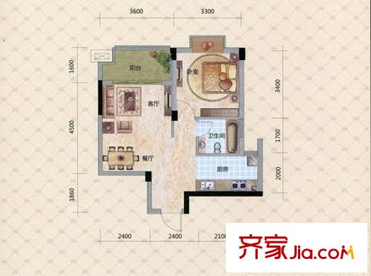 華韻上城46#D11戶型 1室2廳1衛(wèi)1廚