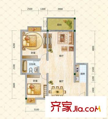 華韻上城40#T戶型 2室2廳1衛(wèi)1廚