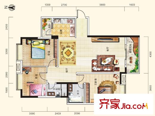 在水一方22#樓1-2戶型 3室2廳2衛(wèi)1廚