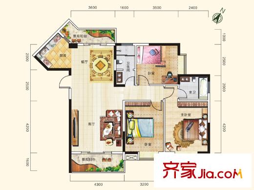 在水一方22#樓1-3戶型 3室2廳2衛(wèi)1廚