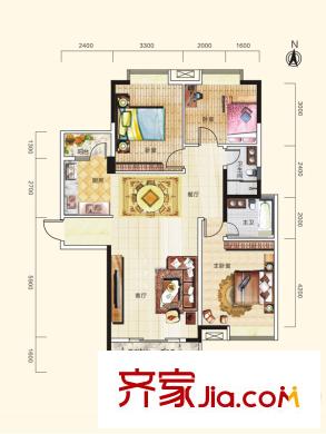 在水一方22#樓2-2戶型 3室2廳2衛(wèi)1廚