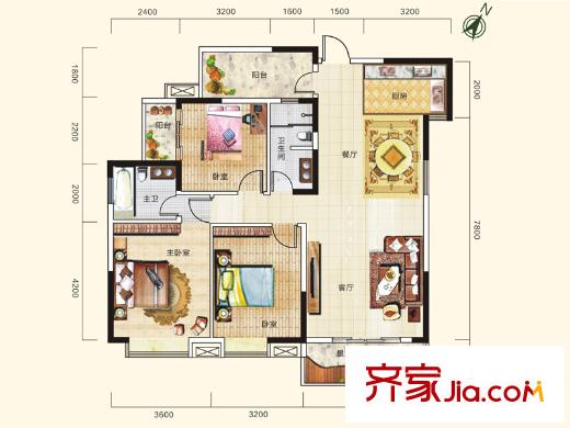 在水一方22#樓1-1戶型 3室2廳2衛(wèi)1廚