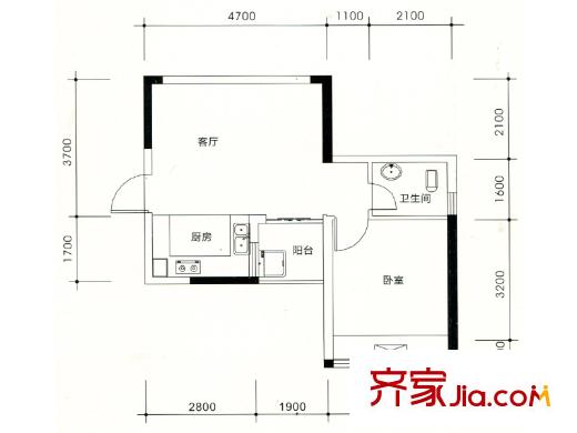柳工頤華城14#B3戶型 1室1廳1衛(wèi)1廚