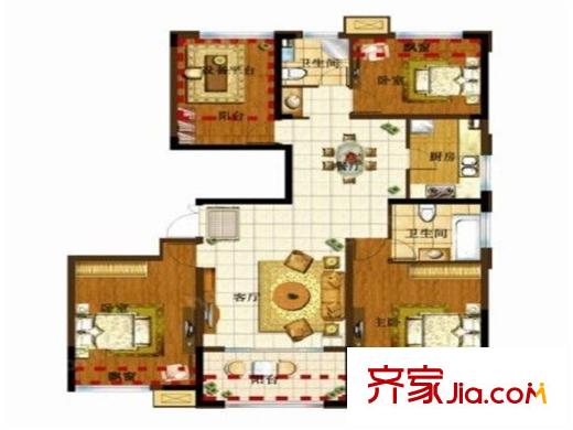 緹香名邸E1戶型130平米三房二廳二衛(wèi) 3室2廳2衛(wèi)1廚