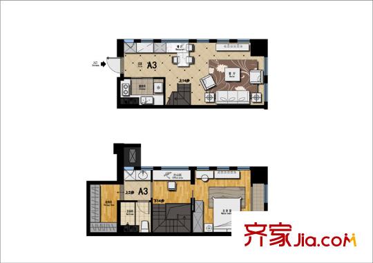帝景現(xiàn)代城A3戶型 1室2廳1衛(wèi)1廚
