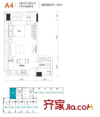 金地自在天地6#、7#A4戶型 1室1廳1衛(wèi)1廚