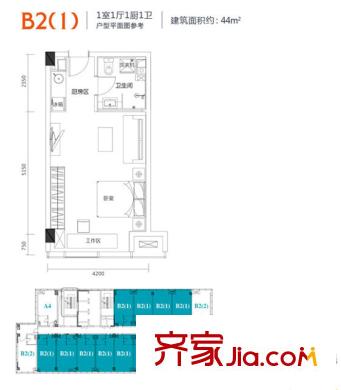 金地自在天地B2(1)戶型 1室1廳1衛(wèi)1廚