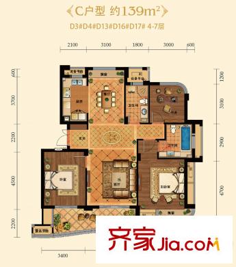 金色藍(lán)庭C戶型 3室2廳2衛(wèi)1廚 139平方米 3室2廳2衛(wèi)1廚