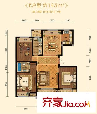 金色藍(lán)庭E戶型 3室2廳2衛(wèi)1廚 143平方米 3室2廳2衛(wèi)1廚