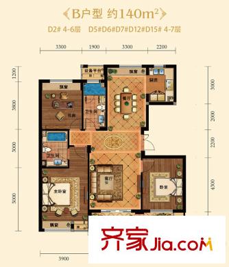 金色藍(lán)庭B戶型 3室2廳2衛(wèi)1廚 140平方米 3室2廳2衛(wèi)1廚